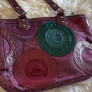 Authentic Coach Patchwork Colorblock Tote Bag Purple Green Burgundy Logo Accent